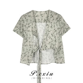 01-1潘依绣丁丁宠粉韩版V领交叉系带碎花宽松气质衬衫 K2220