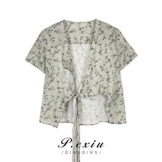 01-1潘依绣丁丁宠粉韩版V领交叉系带碎花宽松气质衬衫 K2220 商品图0