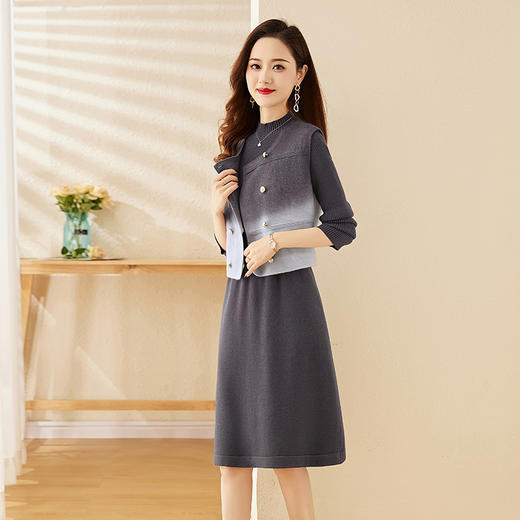 冬季新款，温柔风晕染渐变色百搭洋气双排扣两件套连衣裙HR-YBER106 商品图4