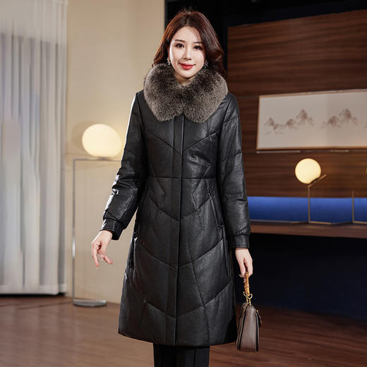 绵羊皮真皮皮衣新款冬装狐狸毛领修身中长款羽绒服LS 商品图0