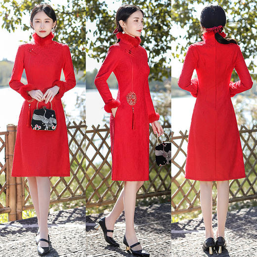 蕾丝加绒长袖保暖毛领日常旗袍 MLS6113 商品图5