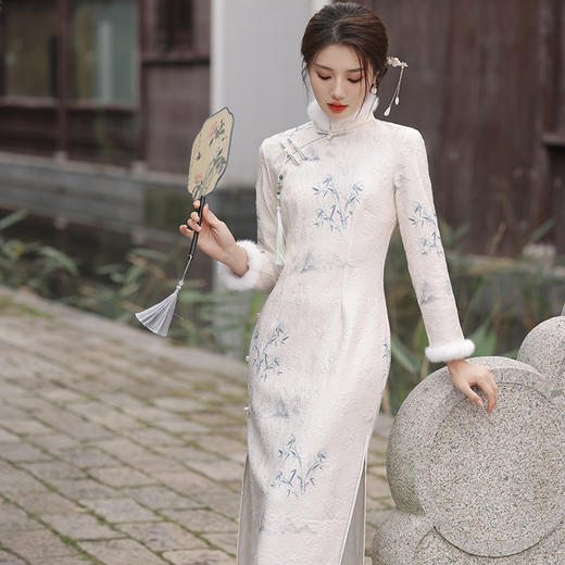 气质竹叶立体提花，韵味古典复合超柔长款旗袍MLS-6819 商品图3