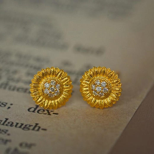 古法黄金点钻系列 足金镶钻太阳花吊坠耳钉套 商品图2