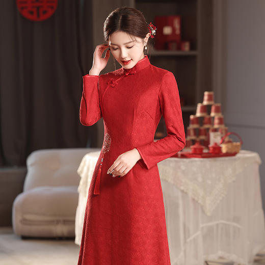 2023秋冬加绒中长款A摆敬酒服年轻款红色订婚日常改良旗袍MLS6808 商品图2