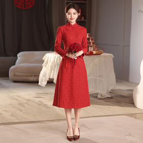 2023秋冬加绒中长款A摆敬酒服年轻款红色订婚日常改良旗袍MLS6808