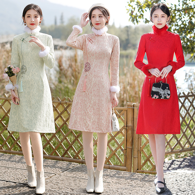 蕾丝加绒长袖保暖毛领日常旗袍 MLS6113