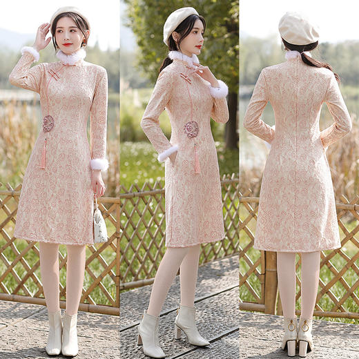 蕾丝加绒长袖保暖毛领日常旗袍 MLS6113 商品图6