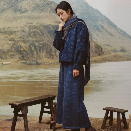 绽放999朵/【IP黄河记忆系列】牛仔针织印花松紧腰绗棉阔腿裤裙子 商品图1