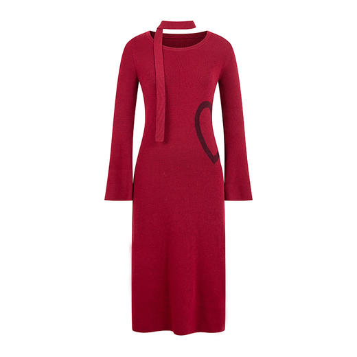 HeyDress美丽诺羊毛针织连衣裙女秋冬复古圣诞红圆领飘带气质裙子 商品图4