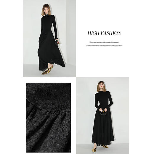 【限时特惠】COCOBELLA赫本风礼服半高领连衣裙小黑裙褶皱肌理大摆长裙FR0008 商品图2