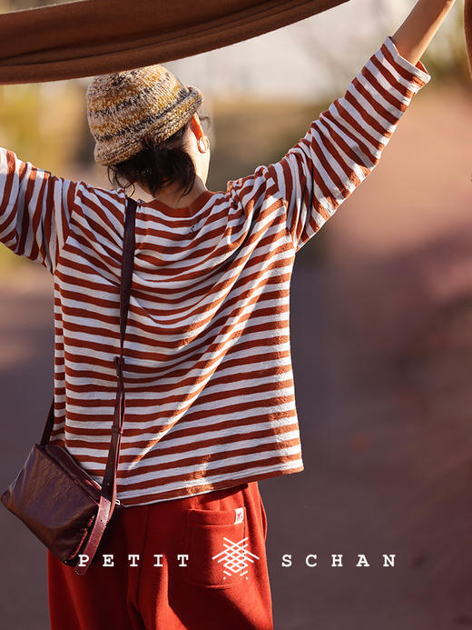 PETIT SCHAN小闪 CLO#360 warm sunshine 暖阳下 新疆棉柿子红撞色条纹海魂衫 商品图5
