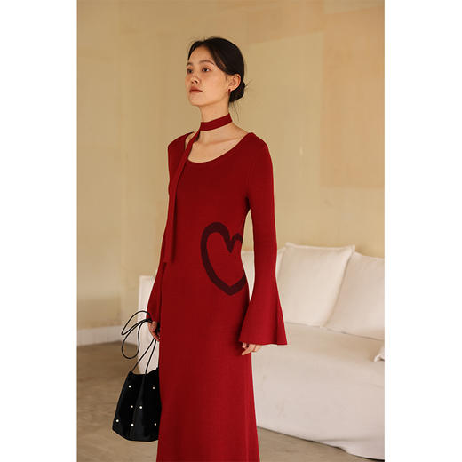 HeyDress美丽诺羊毛针织连衣裙女秋冬复古圣诞红圆领飘带气质裙子 商品图2