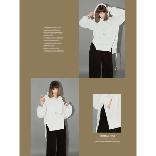 COCOBELLA软糯绒感灯笼袖卫衣女宽松休闲开叉针织帽衫SE0001 商品图2