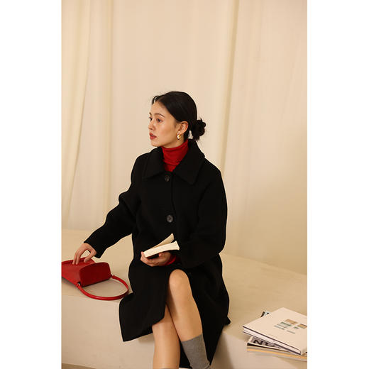 HeyDress黑色经典毛呢外套女秋冬宽松显瘦羊毛大衣气质双面呢 商品图3