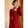 HeyDress美丽诺羊毛针织连衣裙女秋冬复古圣诞红圆领飘带气质裙子 商品缩略图1