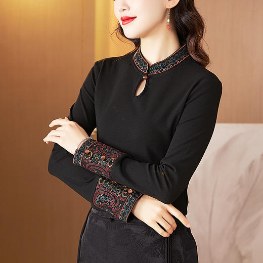 冬新中式国风袖口上衣，女秋冬高级感简约修身禅意T恤打底衫KQL-422H2283 商品图4