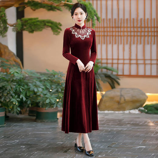 金丝绒连衣裙高贵洋气改良旗袍婚宴礼服平时可穿丈母娘婚礼服SYG-682 商品图0