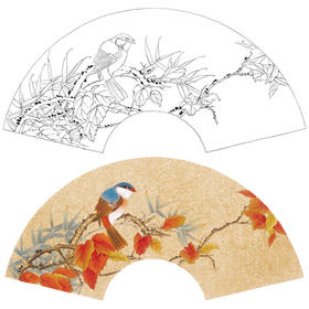 【大彩图】张建军工笔画白描底稿扇面小品红叶临摹勾线花鸟线稿A345