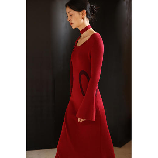HeyDress美丽诺羊毛针织连衣裙女秋冬复古圣诞红圆领飘带气质裙子 商品图0