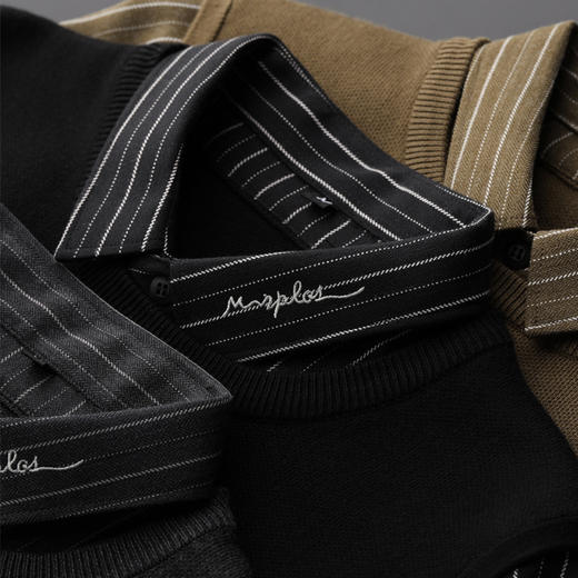 红览~2023秋冬刺绣衬衫领毛衣男士假两件加绒加厚休闲条纹针织衫JRMY1011 商品图1