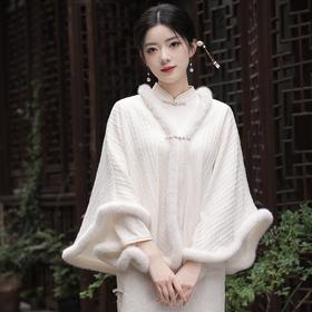 JN秋冬加毛披肩长款复合超柔蕾丝旗袍两件套立领斜襟气质女旗袍