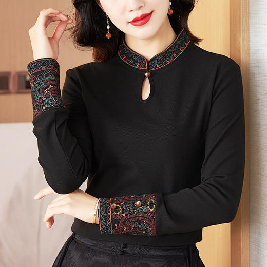 冬新中式国风袖口上衣，女秋冬高级感简约修身禅意T恤打底衫KQL-422H2283 商品图1