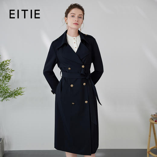 EITIE爱特爱复古双排扣翻领收腰中长款经典深蓝风衣外套24春新款A2404303 商品图0