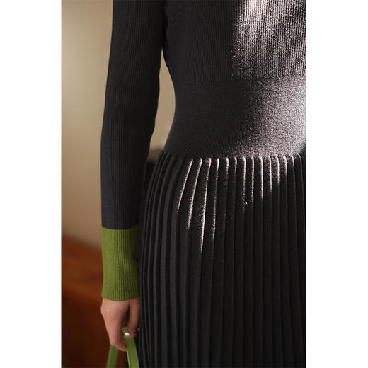 HeyDress水滴领针织羊毛连衣裙女秋冬法式复古收腰a字百褶长裙子 商品图3