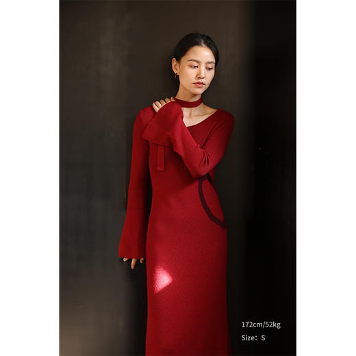 HeyDress美丽诺羊毛针织连衣裙女秋冬复古圣诞红圆领飘带气质裙子 商品图3