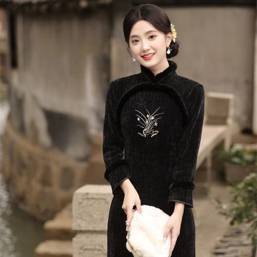 JN-397冬季 加毛加厚圆襟长款刺绣旗袍长袖黑色日常旗袍新款女旗袍 商品图1