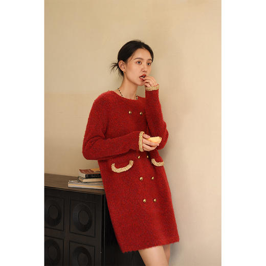 HeyDress小香风连衣裙女秋冬圈圈纱圆领宽松慵懒感圣诞红气质裙子 商品图0