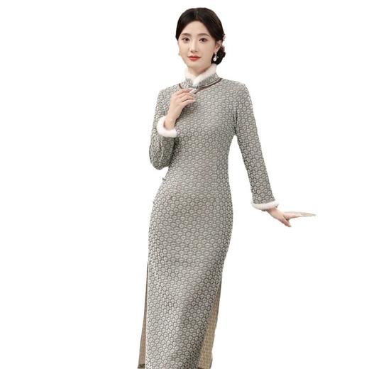 JN-401冬季加绒加毛加厚侧八扣长款旗袍文艺复古中国风气质女款旗袍 商品图5