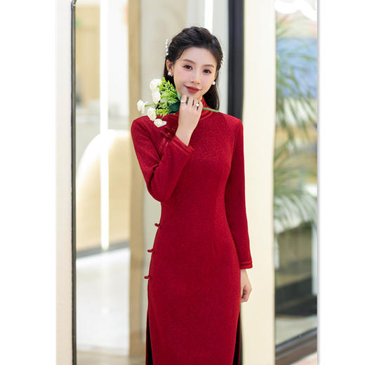 2023冬新款复古国风复合提花长款七分袖婚宴旗袍GX-27508 商品图0