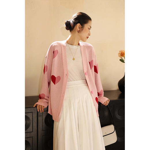 HeyDress原创爱心针织开衫女冬季法式V领宽松羊毛上衣气质粉毛衣 商品图3