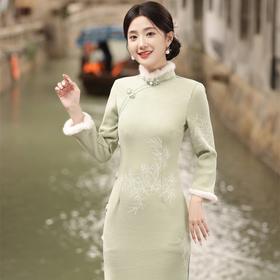 JN-396冬季新款加毛加厚复合超柔侧八扣长款旗袍日常修身气质女旗袍