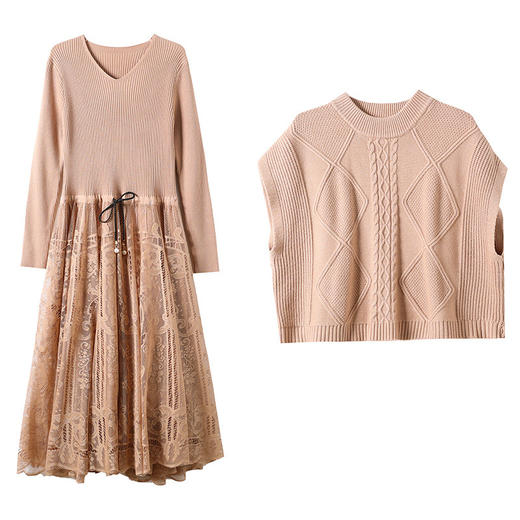 CC 5870蕾丝针织两件套连衣裙时尚洋气马甲背心裙 商品图4