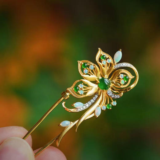 龢盒原创 9k翡翠钻石凤尾花别针 商品图5