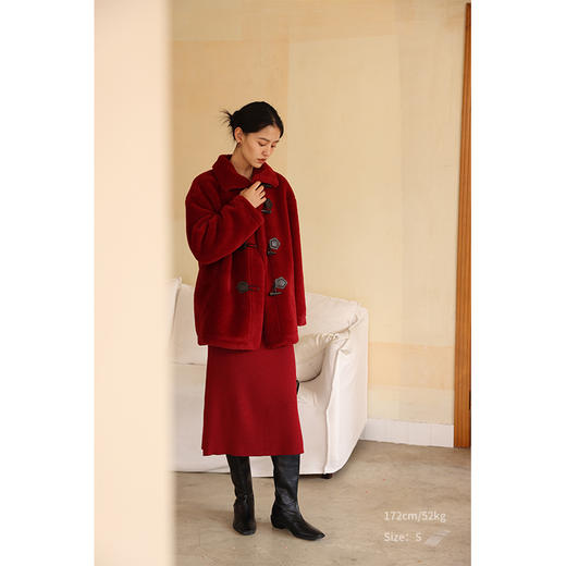 HeyDress红色环保皮毛一体外套女冬季复古宽松保暖仿羊羔毛大衣 商品图3