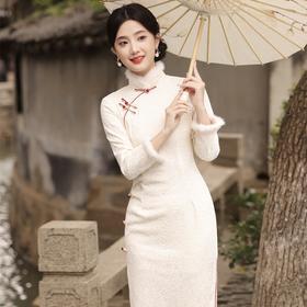 JN-198冬季新款 加毛加厚复合加绒侧八扣长款旗袍立领气质女连衣裙