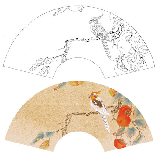 【大彩图】张建军工笔画白描底稿扇面小品《柿子》鹦鹉临摹勾线花鸟线稿A349 商品图0