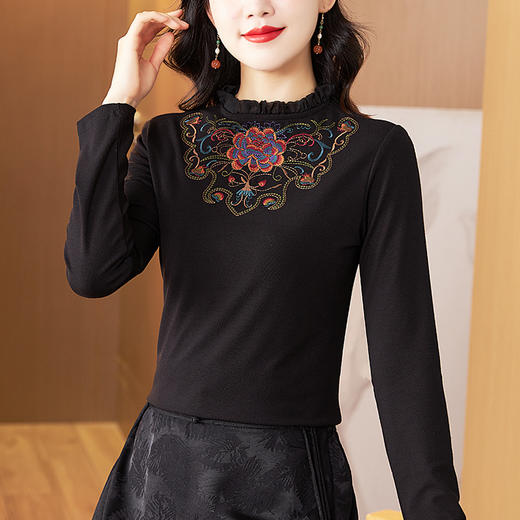 修身显瘦，民族风秋冬刺绣莫代尔外穿上衣高领手套T恤KQL-422H2285 商品图3