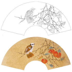 【大彩图】张建军工笔画白描底稿柿子扇面小品临摹勾线花鸟线稿A348