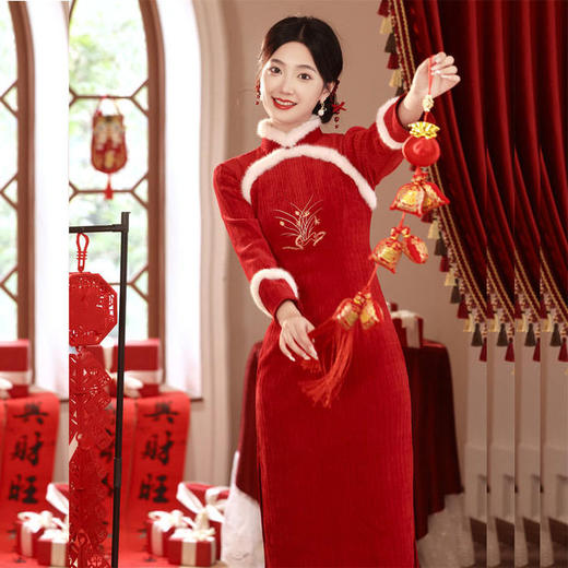 JN-397冬季 加毛加厚圆襟长款刺绣旗袍长袖黑色日常旗袍新款女旗袍 商品图0