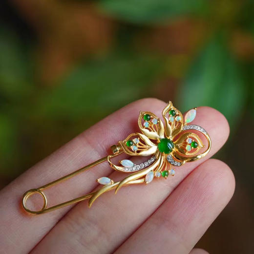 龢盒原创 9k翡翠钻石凤尾花别针 商品图4