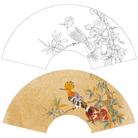 【大彩图】张建军工笔画白描底稿扇面小品《啄木鸟》石榴临摹勾线花鸟线稿A346
