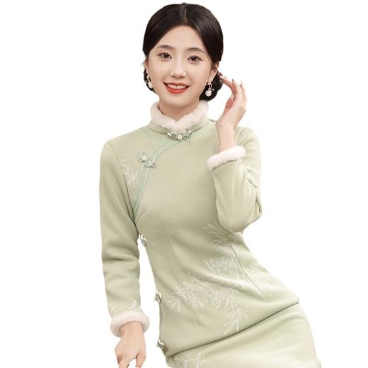 JN-396冬季新款加毛加厚复合超柔侧八扣长款旗袍日常修身气质女旗袍 商品图4