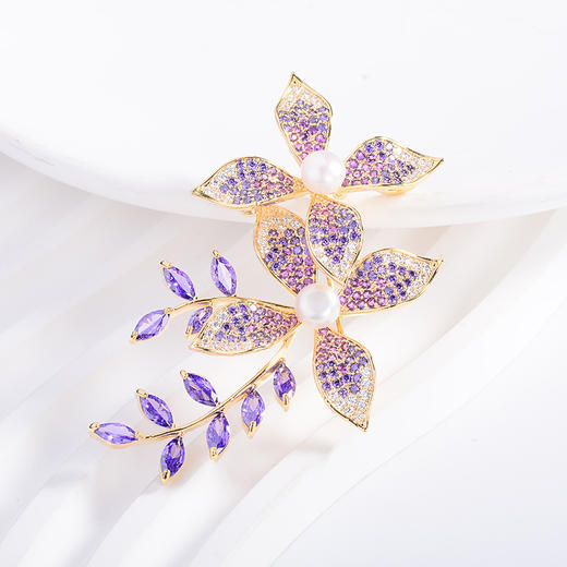 微镶锆石花卉胸针，优雅淡水珍珠旗袍外套配饰别针胸花AM-XR12488 商品图1