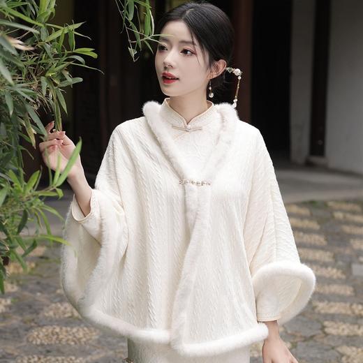 JN秋冬加毛披肩长款复合超柔蕾丝旗袍两件套立领斜襟气质女旗袍 商品图2