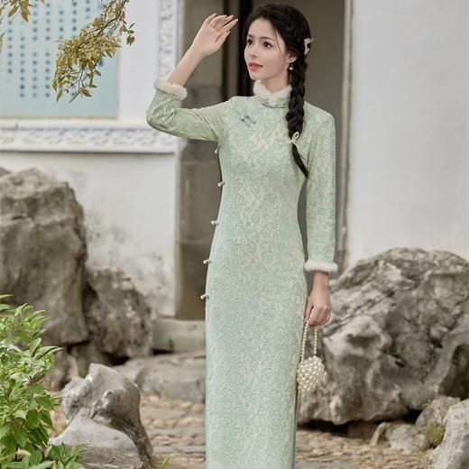 JN-198冬季新款 加毛加厚复合加绒侧八扣长款旗袍立领气质女连衣裙 商品图1