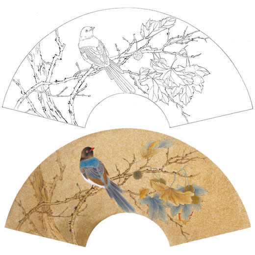 【大彩图】张建军工笔画白描底稿扇面小品绶带鸟临摹勾线花鸟线稿A344 商品图0